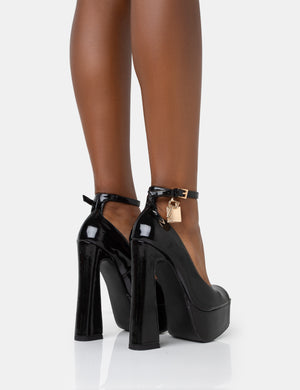 Formation Black Patent Padlock Detail Chunky Square Peep Toe Platform Heels