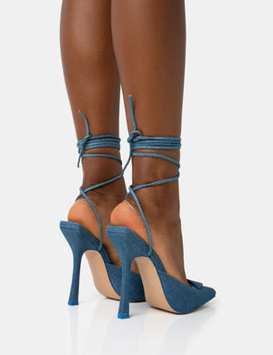 Vada Blue Denim Slingback Lace Up Pointed Court Stiletto Heels