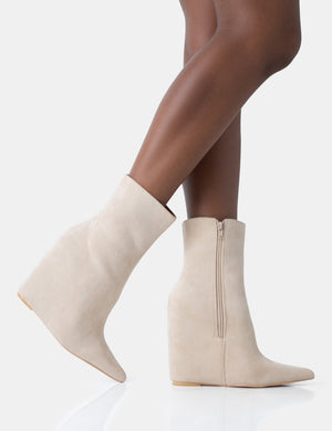 Getaway Beige Faux Suede Wedged Heeled Ankle Boot