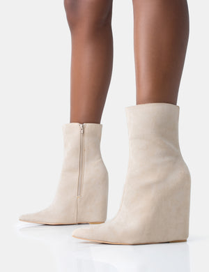 Getaway Beige Faux Suede Wedged Heeled Ankle Boot