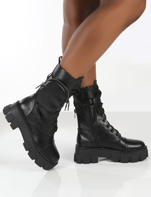 Intention Black Wide Fit Platform Chunky Sole Pouch Ankle Boots