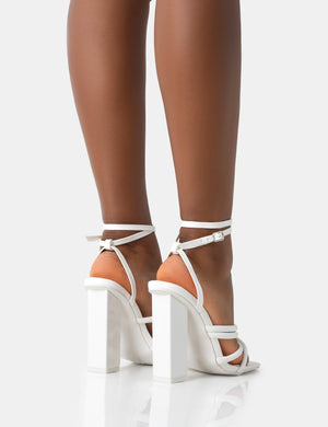 Tobi Wide Fit Ecru Patent Strappy Square Toe High Block Heels