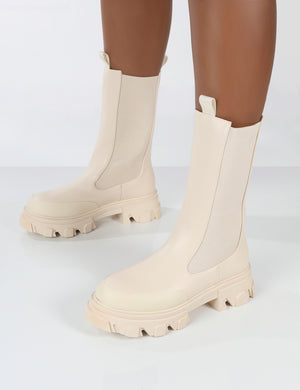 Boston Bone Pu Wide Fit Platform Calf High Chunky Sole Boots
