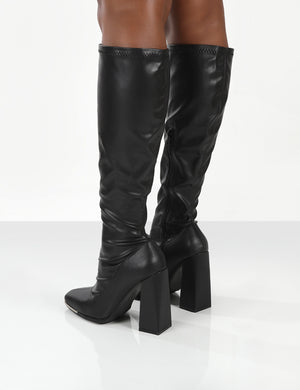 Caryn Black PU Knee High Block Heeled Boot