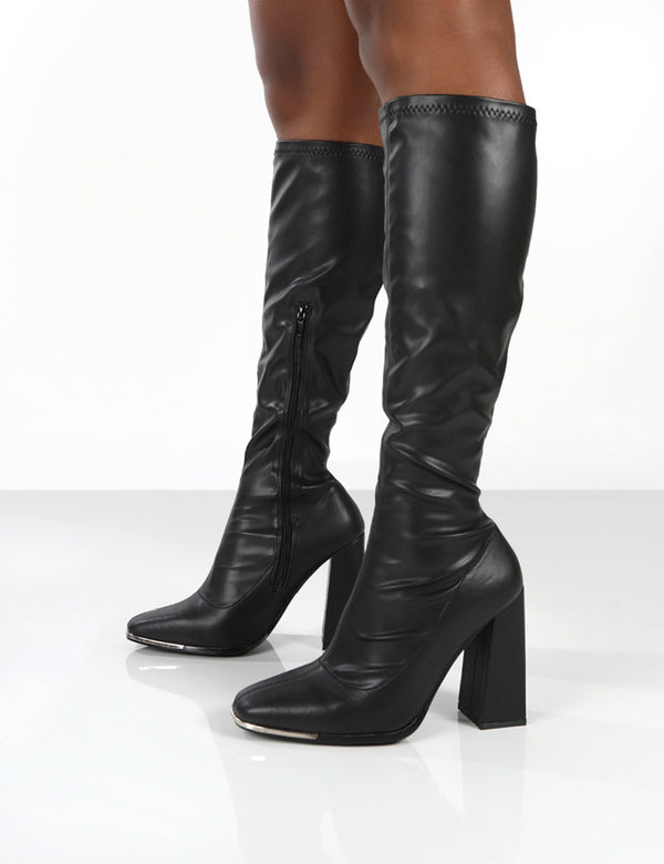 Caryn Black PU Knee High Block Heeled Boot