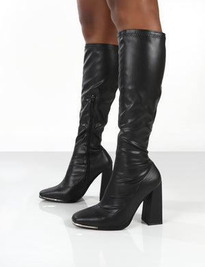 Caryn Black Pu Wide Fit Knee High Block Heeled Boot