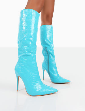 Horizon Wide Fit Blue Patent Knee High Boots