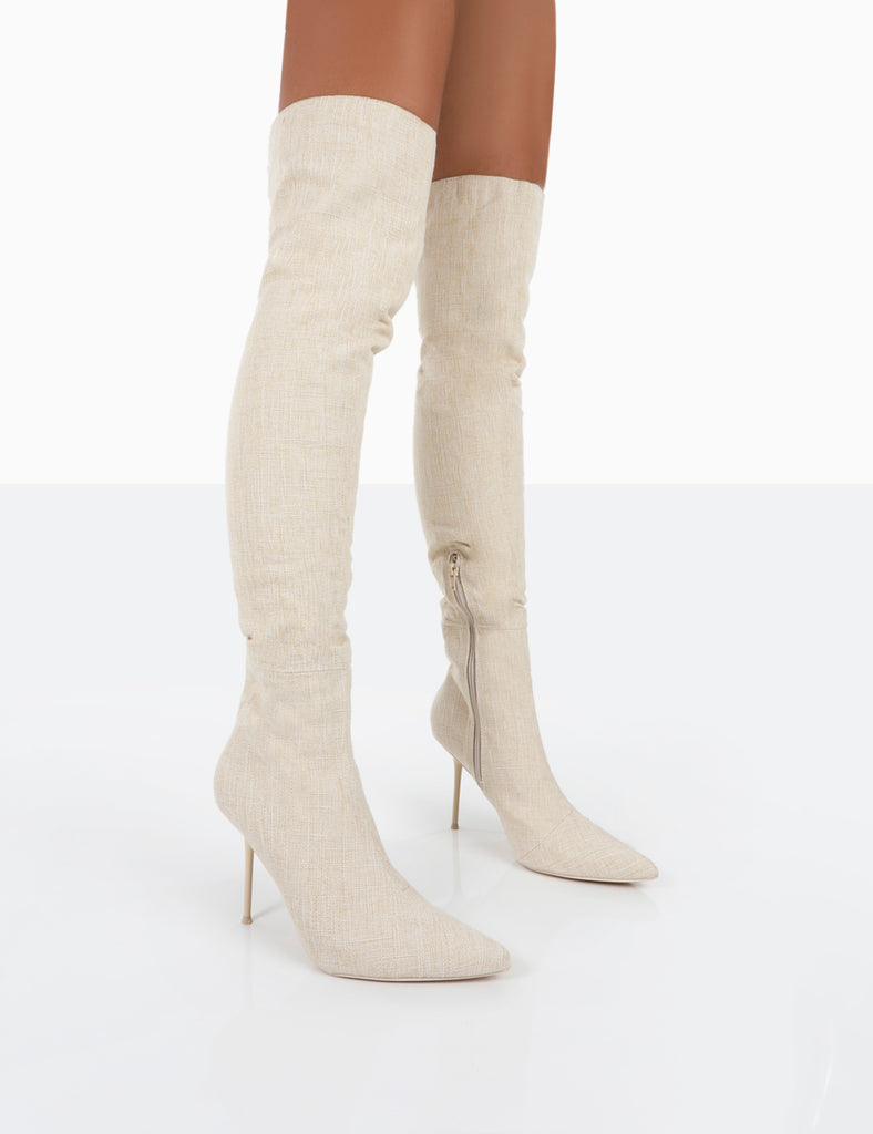 Tianna Natural Linen Pointed Toe Over The Knee Stiletto Boots | Public ...