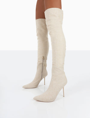 Tianna Natural Linen Pointed Toe Over The Knee Stiletto Boots