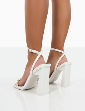 Rae Wide Fit White Patent Buckle Detail Block Heels