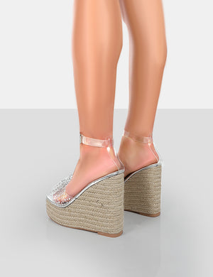 Ocean Beach Nude Patent Bow Platform Wedge Heels