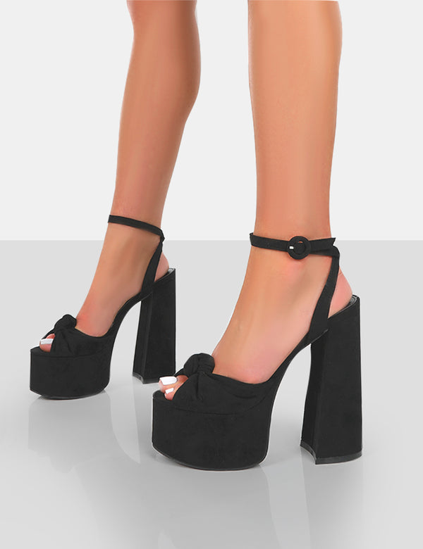 Knot On Black Faux Suede Knotted Platform High Heeled Sandals