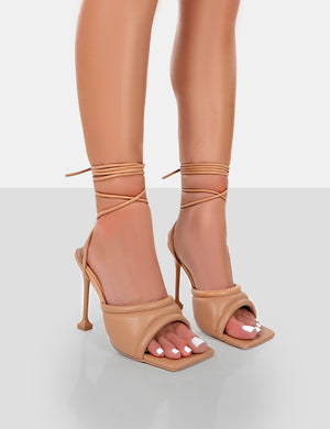 Gracie Nude Pu Square Peep Toe Lace Up Stiletto Heels