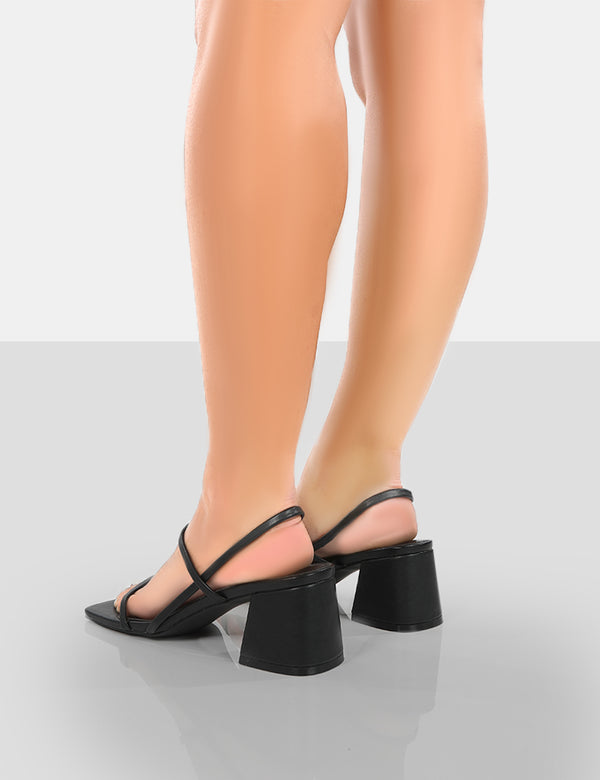 Just Realise Black PU Strappy Square Toe Mid Block Heeled Sandals