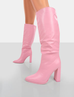 Far Away Pink Grain PU Square Toe Knee High Block Boots