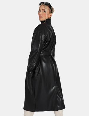 Longline Pu Belted Black Trench