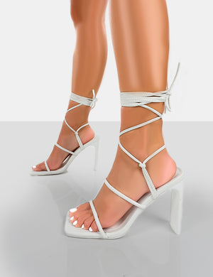 Chloe White Pu Strappy Square Toe Lace Up Heels