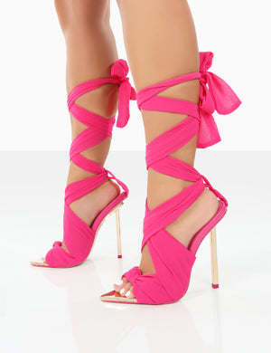 Huni Pink Chiffon Ribbon Tie Up Gold Stiletto Heels