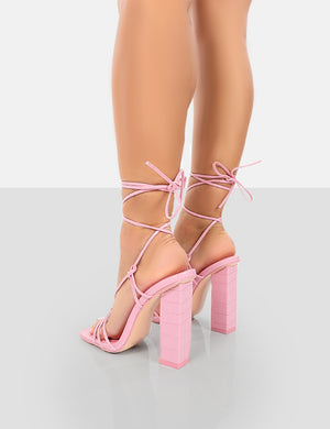 Berry Pink Croc Square Toe Strappy Lace Up Block Heels