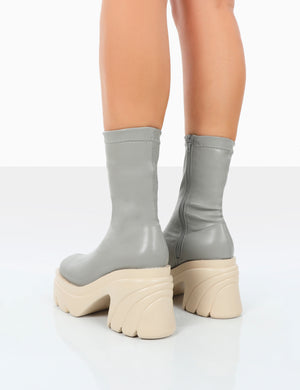 Jennie Grey Pu Platform Chunky Sole Heeled Ankle Boots