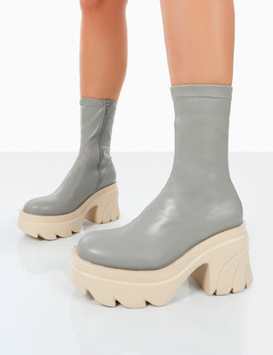 Jennie Grey Pu Platform Chunky Sole Heeled Ankle Boots