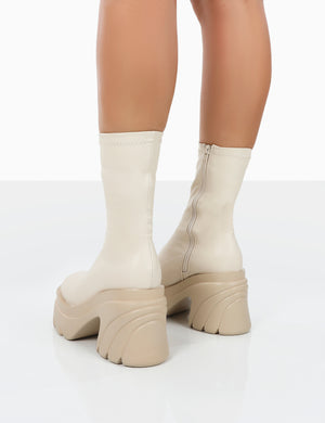 Jennie Ecru Pu Platform Chunky Sole Heeled Ankle Boots