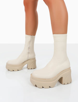 Jennie Ecru Pu Platform Chunky Sole Heeled Ankle Boots