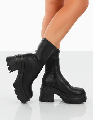 Jennie Black Drench PU Platform Chunky Sole Heeled Ankle Boots