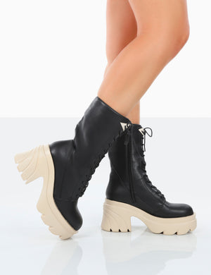 Ever Black Beige Laced Platform Chunky Sole Ankle Boots