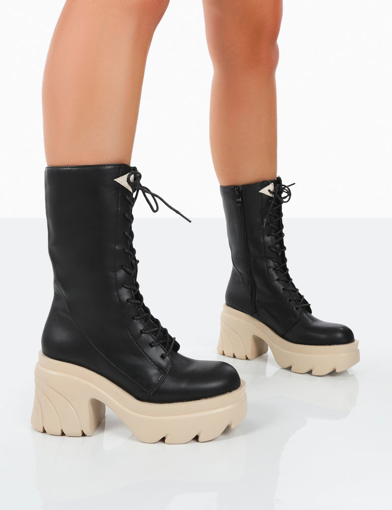 Ever Black Beige Laced Chunky Sole Ankle Boots | Public Desire