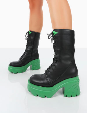 Ever Black Green Laced Platform Chunky Green Sole Ankle Boots