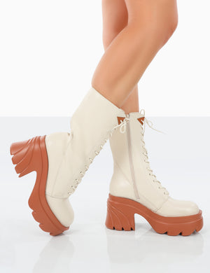 Ever Beige Laced Platform Chunky Sole Ankle Boots