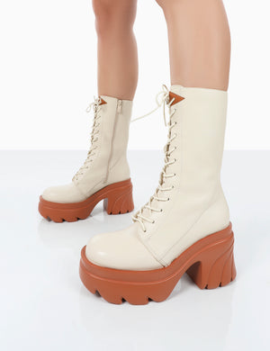 Ever Beige Laced Platform Chunky Sole Ankle Boots