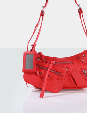 The Trackstar Red Grain Studded Mirror Zip Detail Handbag