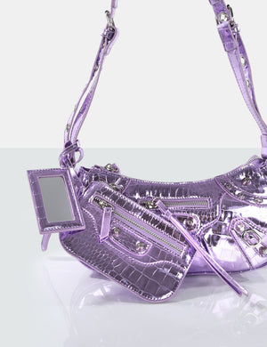 The Trackstar Metallic Purple Croc Pu Studded Mirror Zip Detail Handbag
