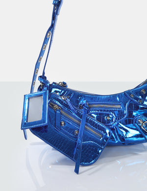 The Trackstar Metallic Blue Croc Pu Studded Mirror Zip Detail Handbag