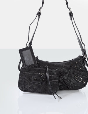 The Trackstar Black  Diamante Studded Mirror Zip Detail Handbag