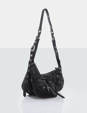 The Trackstar Black  Diamante Studded Mirror Zip Detail Handbag