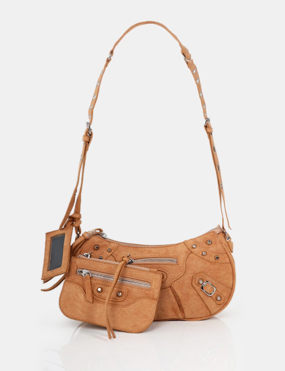 THE TRACKSTAR TAN SUEDE STUDDED MIRROR ZIP DETAIL HANDBAG