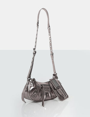 The Trackstar Metallic Grey Pu Studded Mirror Zip Detail Handbag