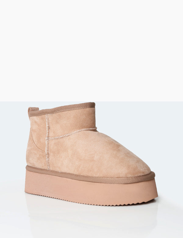 Theo Beige Faux Suede Ultra Mini Ankle Platform Boots