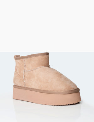 Theo Beige Faux Suede Ultra Mini Ankle Platform Boots