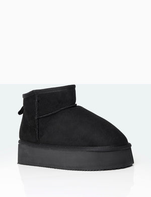 Theo Black Faux Suede Ultra Mini Ankle Platform Boots