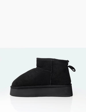 Theo Black Faux Suede Ultra Mini Ankle Platform Boots