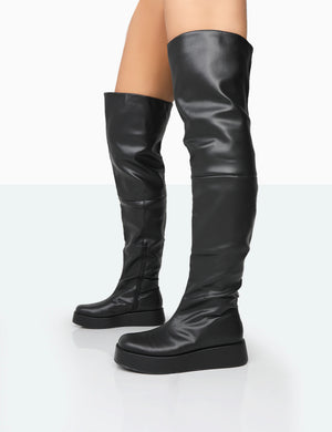 Erica Black Pu Chunky Platform Over The Knee Boots