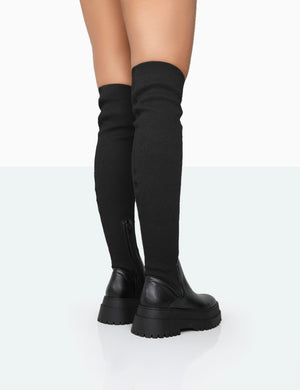 Happier Black Boucle Knit Over The Knee Boots