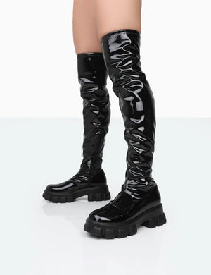 Take Chances Black Patent Chunky Sole Knee High Boots