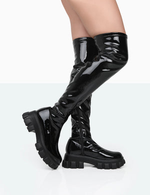 Take Chances Black Patent Chunky Sole Knee High Boots