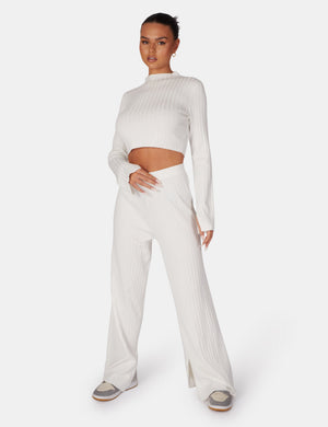 Long Sleeve High Neck Ribbed Knitted Crop Top White