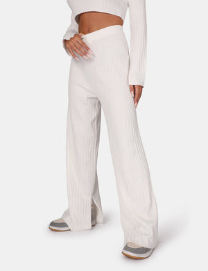 V Front Wide Leg Ribbed Knitted Trousers White